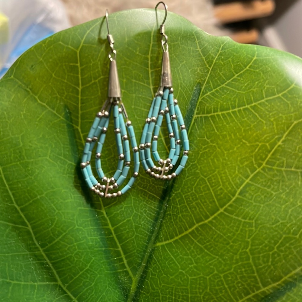 Blue Turquoise 3 Strand Heishi Liquid Sterling Silver Dangle Earrings